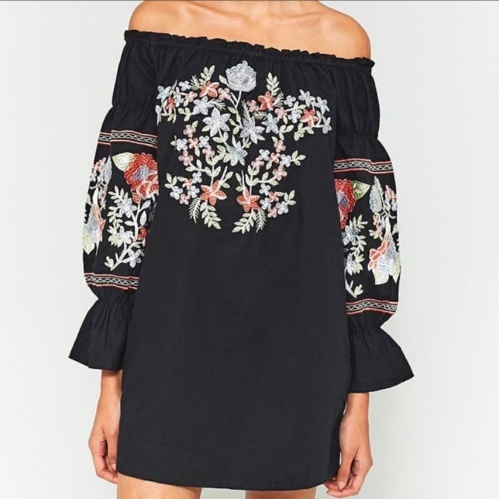 Free People Fluer Du Jour Black Dress Floral Multicolor Embroidery Med